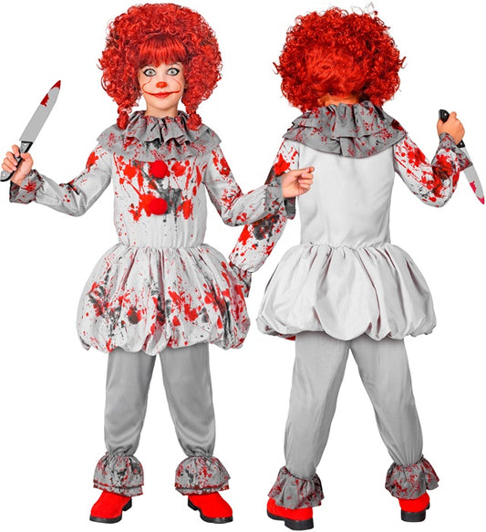 Vintage Horror Clown Kostüm mit Kleid, Halskrause und Schuhüberziehern auf weißem Hintergrund