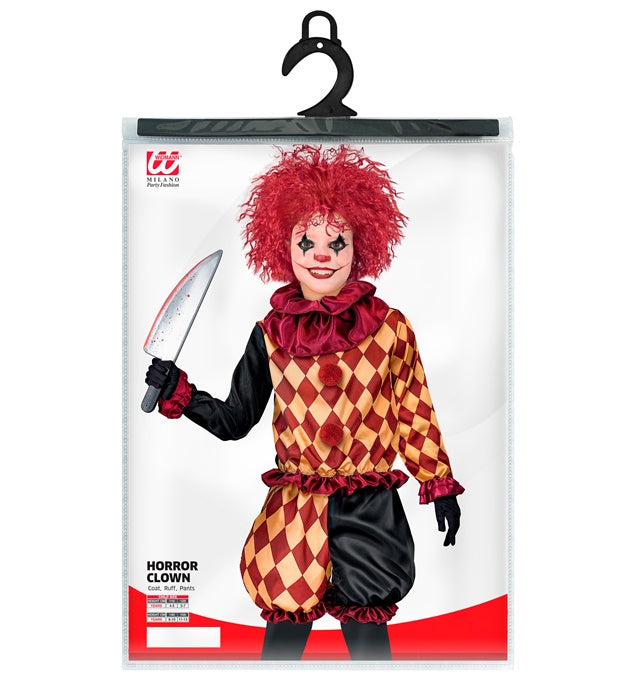 Horror-Clown Kostüm bestehend aus Oberteil, Halskrause und Hose auf weißem Hintergrund