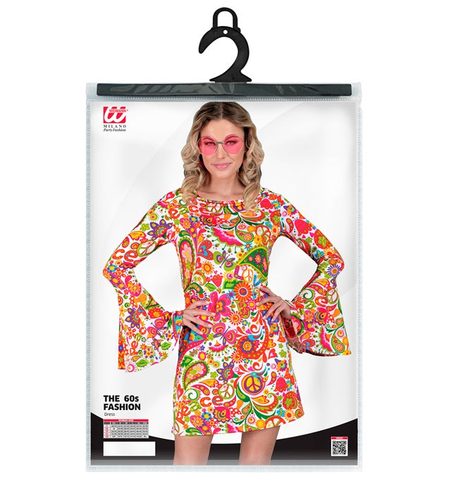 60er Jahre Kleid mit Peace und Paisley Muster in bunten Farben für Fasnacht