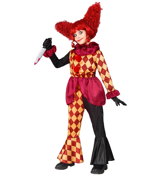 Horror-Clown Kostüm-Set mit Oberteil, Halskrause und Hose auf schwarzem Hintergrund