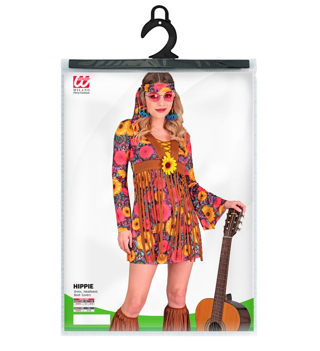 Hippie-Kostüm mit buntem Kleid, Stirnband und Stiefelüberziehern für Fasnacht