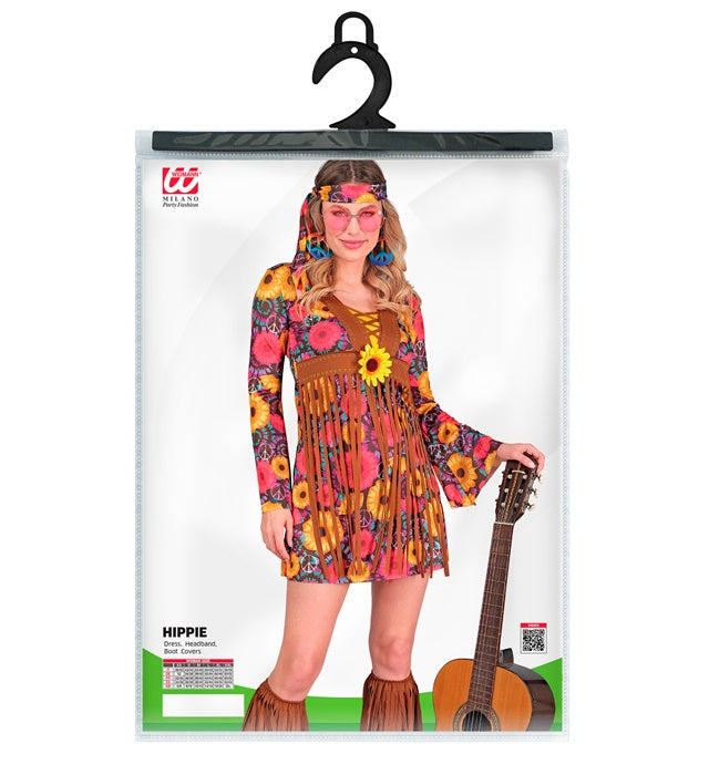 Hippie Kostüm Set mit bunt gemustertem Kleid, Stirnband und Stiefelüberziehern
