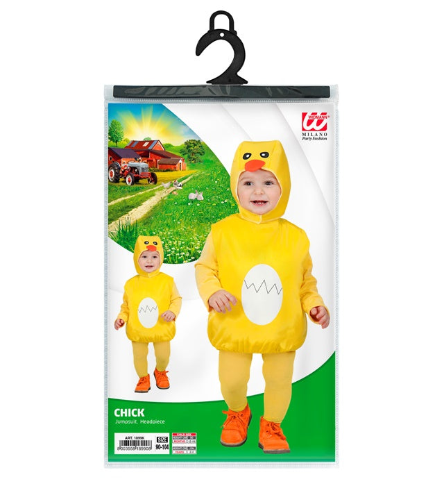 Puffy Chick Kostüm bestehend aus Overall und Kopfbedeckung auf weißem Hintergrund