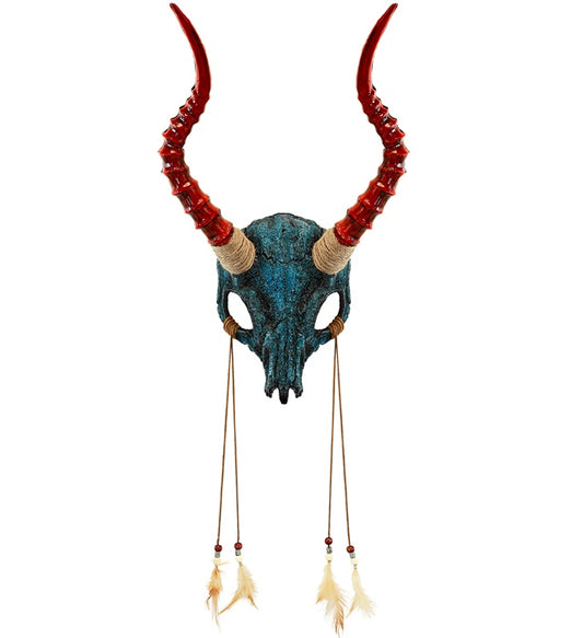 Schamanen-Maske mit Bullenschädel, Hörnern und Federn für Fasnacht