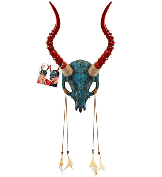 Schamanen-Maske mit Bullenschädel, Hörnern und Federn für Fasnacht