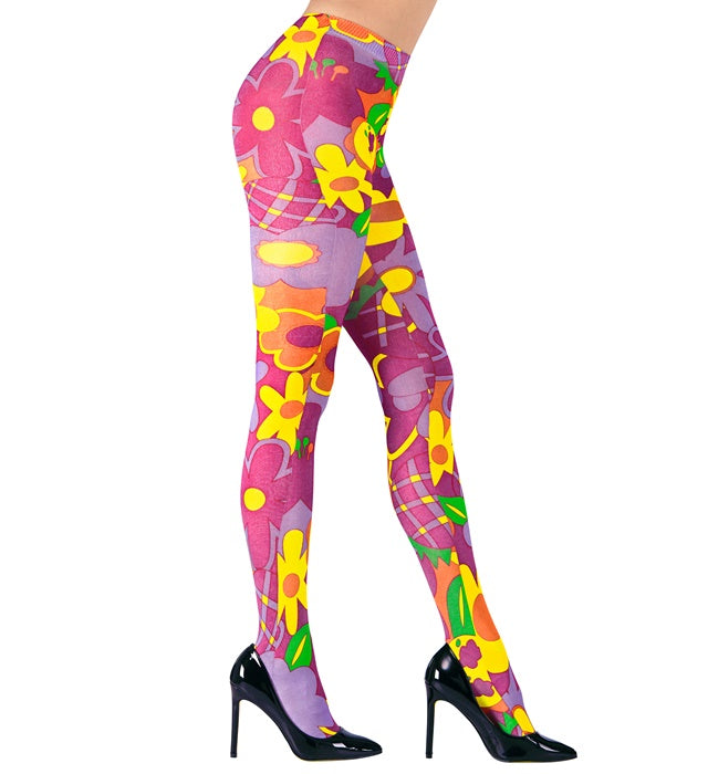 Blümchenstrumpfhose mit buntem Blumenmuster 40 DEN für Fasnacht und Karneval