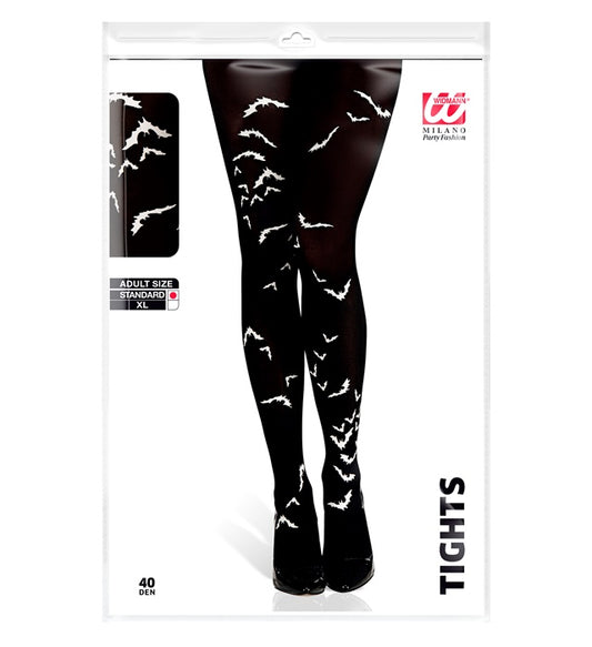 Strumpfhose mit schwarzen Fledermaus-Motiven auf transparentem Stoff