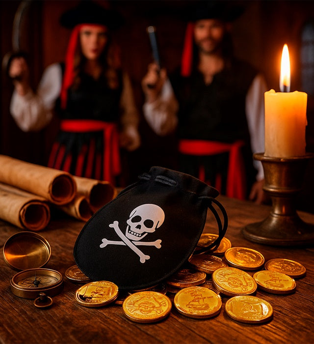 Piratentasche mit 12 goldenen Dublonen als Fasnachts-Accessoire