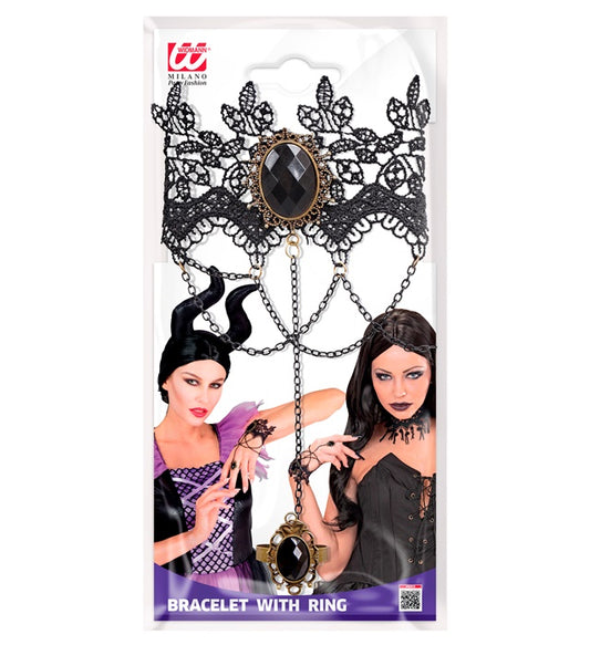 Schwarzes Spitzen-Armband mit Ring und schwarzen Edelsteinen als Halloween-Accessoire