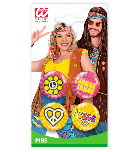 Set von 4 bunten Hippie-Pins im Retro-Design für Fasnacht und Karneval