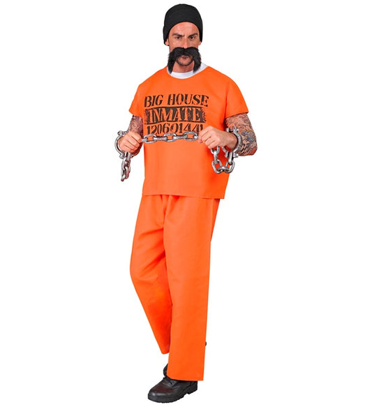 Häftling-Kostüm mit schwarz-weiss gestreiftem T-Shirt, Hose, Mütze und Schnurrbart