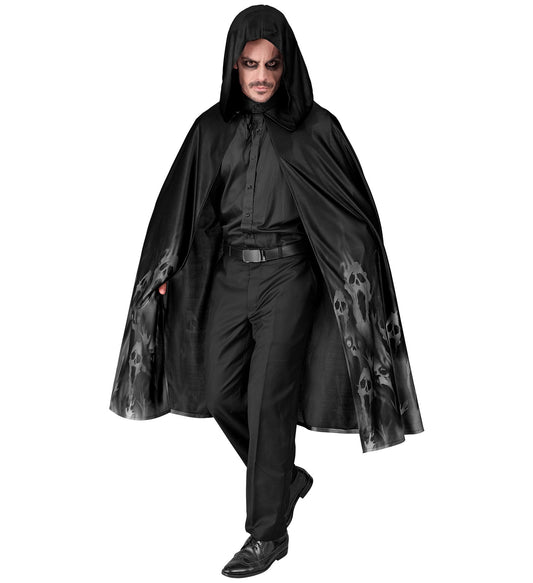 Schwarzer Geister Umhang 120cm mit Totenköpfen