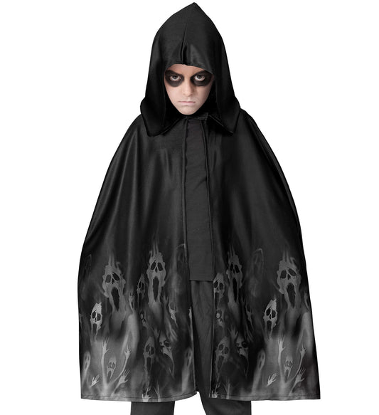 Schwarzer Geister Umhang 75cm mit Totenköpfen für Kinder