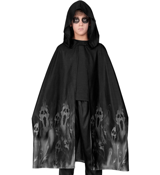 Schwarzer Geister Umhang 90cm mit Totenköpfen für Kinder