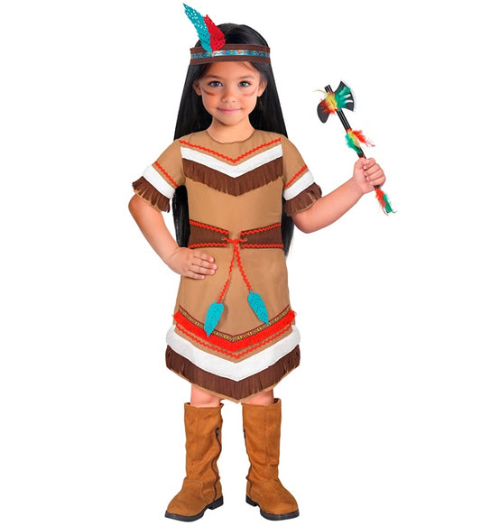 Indianerin-Kostüm mit Kleid, Gürtel und Federstirnband für Fasnacht
