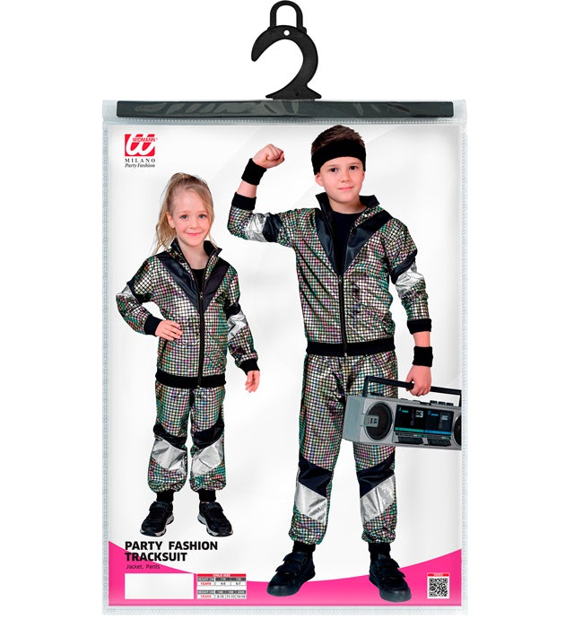Bunter 80er Jahre Trainingsanzug mit reflektierendem Oberteil und Hose