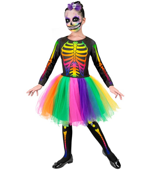 Skelett-Kostüm mit schwarzem Kleid, Tutu und Haarreif mit Totenkopf und Schleife