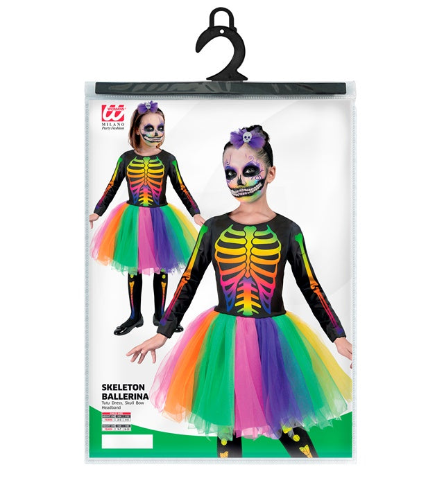 Skelett-Kostüm mit schwarzem Kleid, Tutu und Haarreif mit Totenkopf und Schleife