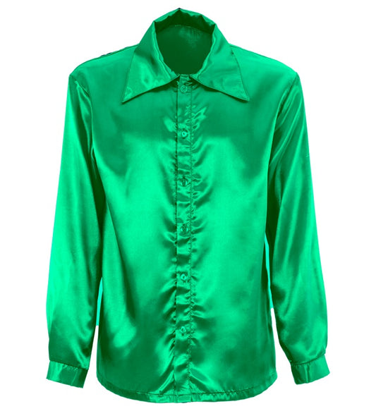Grünes 70s Disco Hemd aus glänzendem Satin für Fasnacht und Mottoparty