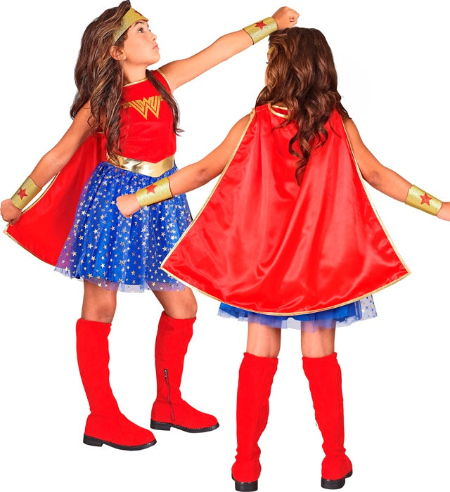 Wonder Girl Kostüm bestehend aus Kleid mit Umhang, Stirnband und Armstulpen