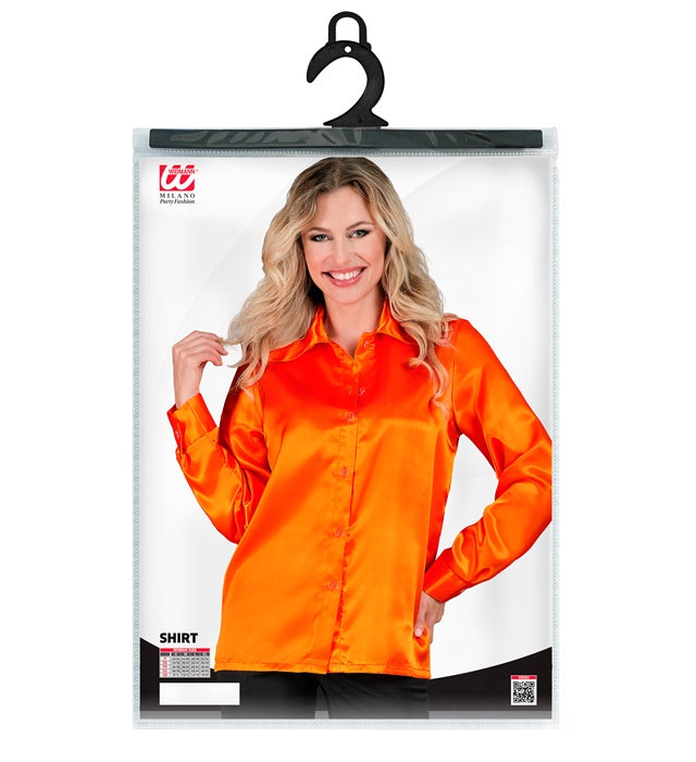 Orange 70s Disco Bluse aus glänzendem Satin für Fasnacht und Mottoparty