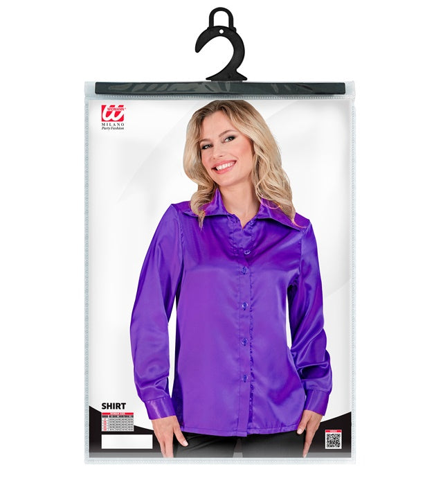 Violette 70er Jahre Disco Bluse aus Satin für Fasnacht und Karneval