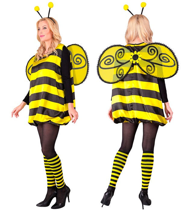 Bienenkostüm mit Kleid, Flügeln, Stulpen und Fühlern in Schwarz-Gelb
