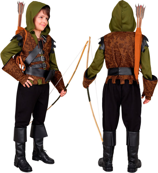 Jungen Robin Hood Kostüm mit Kapuze und Weste, Schärpe mit Schnalle, Gütel mit Tasche, Handschuhe, Stiefelüberzieher