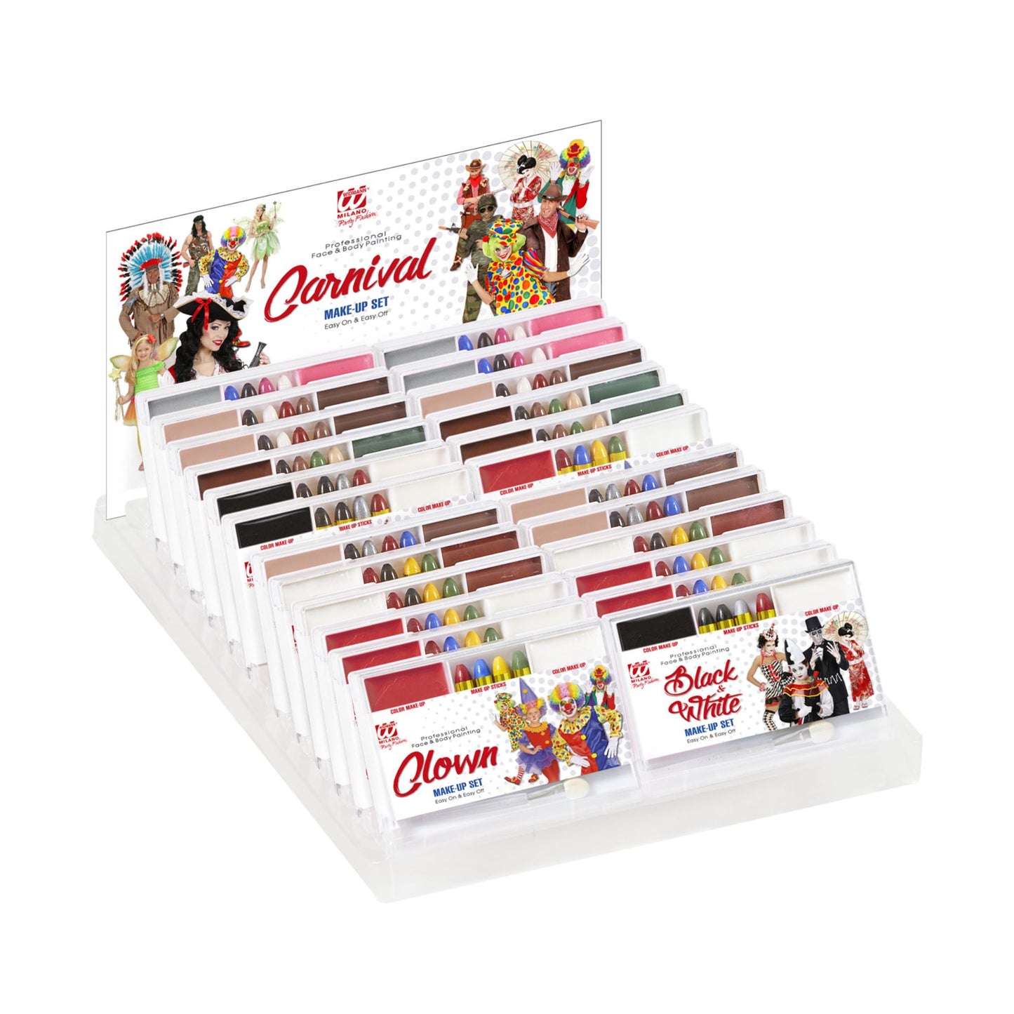 "24 FASCHING MAKE UP SETS" DisplayBox (6 Clown, 3 Cowboy, 3 Indianer, 3 Piraten, 3 Soldaten, 3 Schwarz & Weiß, 3 Fee) – Vorderansicht