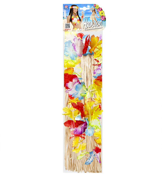 "NATURFARBENES HAWAII-SET" (Bastrock mit Blumengürtel, Halskette, Stirnband, 2 Armbänder) Diverse Farben