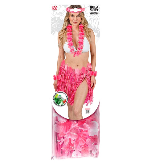 Pinkes Hawaii Kostümset mit Bastrock, Blumengürtel, Halskette, Stirnband und Armbändern