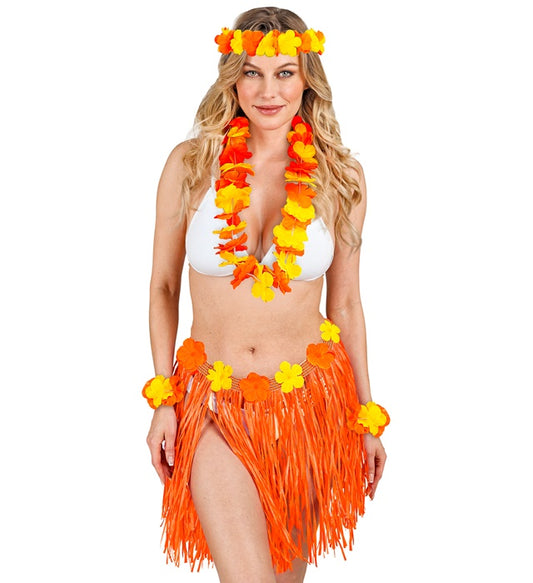 Orangenes Hawaii-Set mit Bastrock, Blumengürtel, Halskette, Stirnband und Armbändern