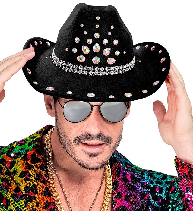 Schwarzer Cowboy Hut mit Diamanten-Akzent als Fasnacht Accessoire