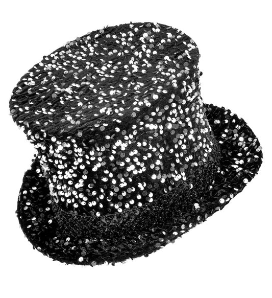 Schwarzer Zylinder mit silbernen Pailletten, 18 cm hoch