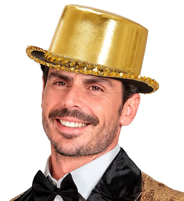 Goldener Zylinder mit Paillettenverzierung, 11 cm Höhe, Fasnachtshut