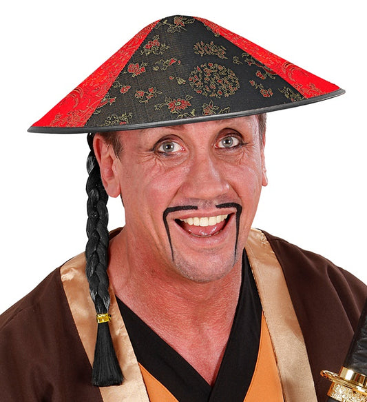 Chinesischer Satin-Hut mit Zopf als Fasnacht- und Karnevalskostümzubehör