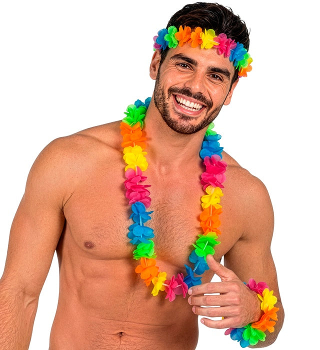 Buntes Hawaii-Set mit Blumenkette, Stirnband und zwei Armbändern
