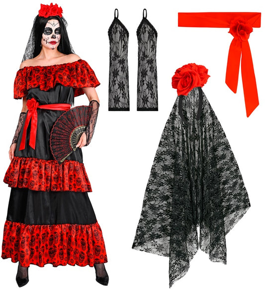 Día de los Muertos Kostüm mit Rosengürtel, fingerlosen Handschuhen und Blumenschleier