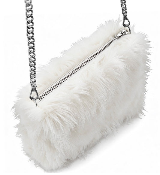 Weiße Handtasche aus langhaarigem Plüsch für Fasnacht und Karneval