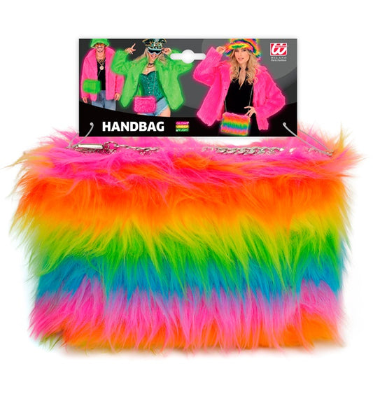 Langhaarplüsch-Handtasche mit buntem Regenbogenmuster
