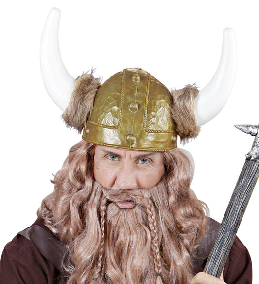 DELUXE Wikingerhelm mit braunem Kunstfell und Hörnern als Fasnachtskostüm