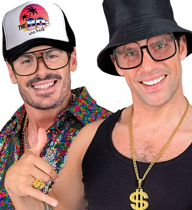 90er Jahre Hip Hop Brille mit transparenten Gläsern auf weissem Hintergrund