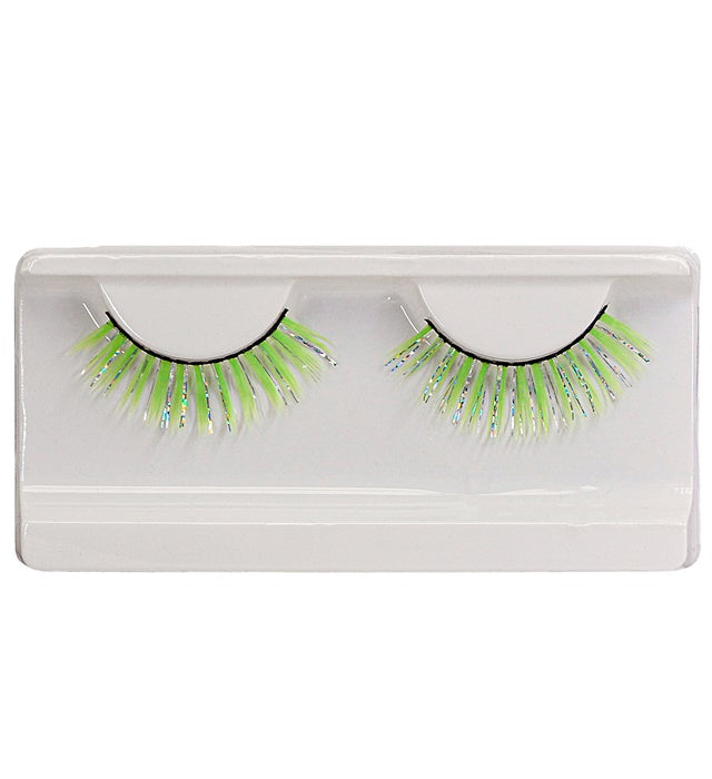 Grüne holographische Fashion Wimpern mit Klebstofftube auf weissem Hintergrund