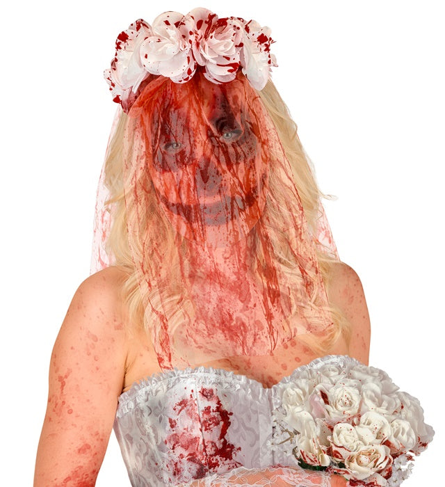 Maske mit blutigem Brautschleier und Blumen für Halloween Kostüm