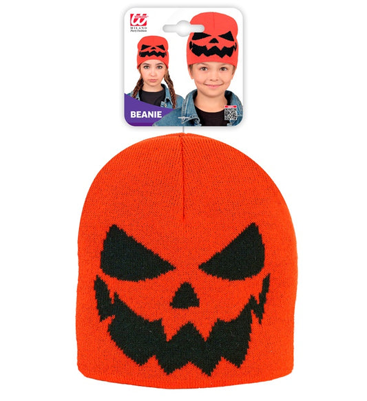 Kürbis Beanie Mütze für Kinder in Orange mit lustigem Kürbisgesicht