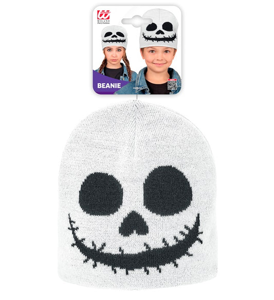 Kinder Beanie Mütze mit weißem Geist-Motiv auf schwarzem Stoff
