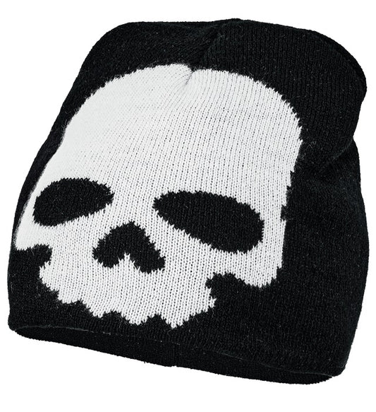 Kinder Totenkopf Beanie Mütze schwarz mit weißem Totenkopf-Motiv