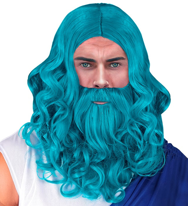 "POSEIDON/NEPTUN PERÜCKE MIT BART & SCHNURRBART" in Box Türkis / Hellblau