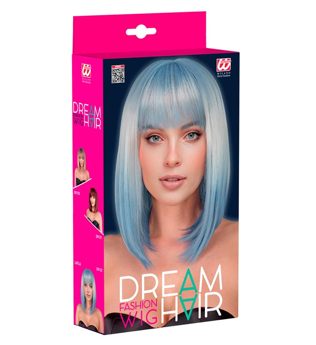Layla Perücke in Blond-Blau auf farbiger Verpackung