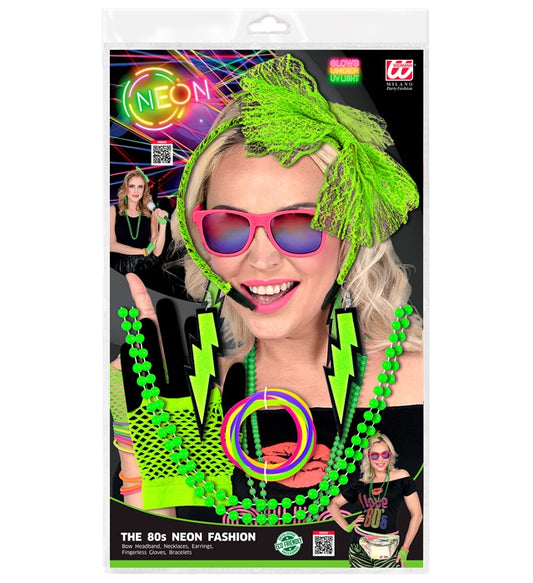 "80er JAHRE MODE ACCESSOIRES NEON GRÜN" (Haarreif mit Schleife aus Spitze, 2 Perlenketten, Paar Ohrringe, Paar fingerlose Netzhandschuhe, 10 Armbänder) Neon - Grün